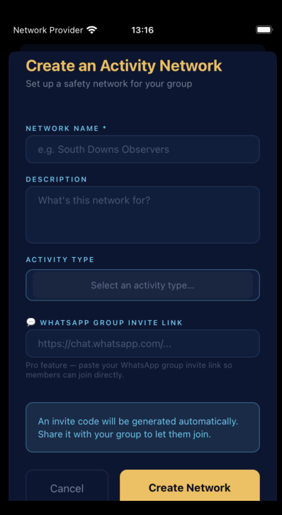 mobile creating an activity network in SafeOutside